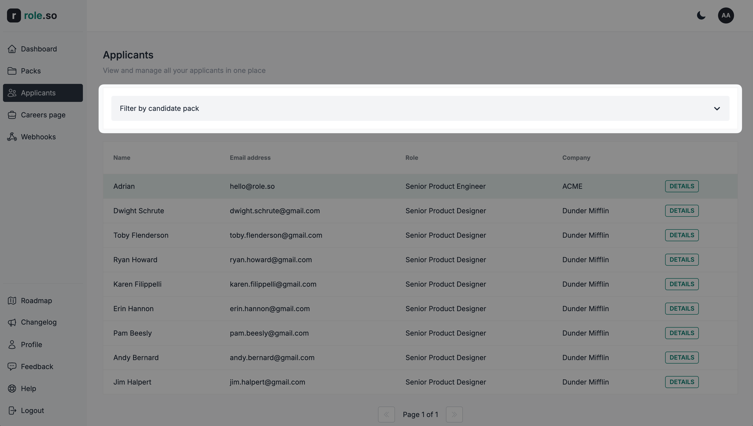 Filter applicants by candidate pack