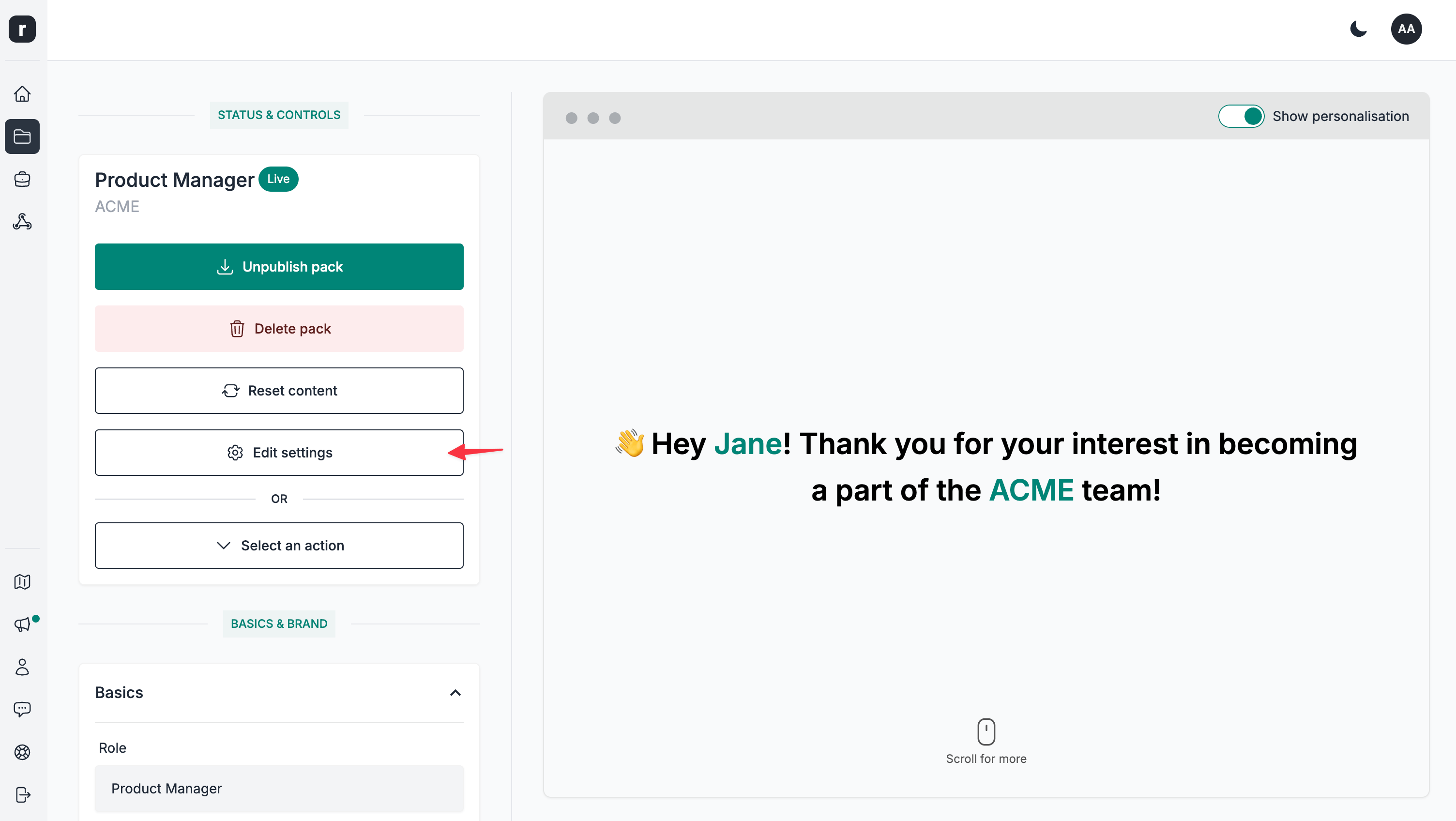 Edit candidate pack settings button