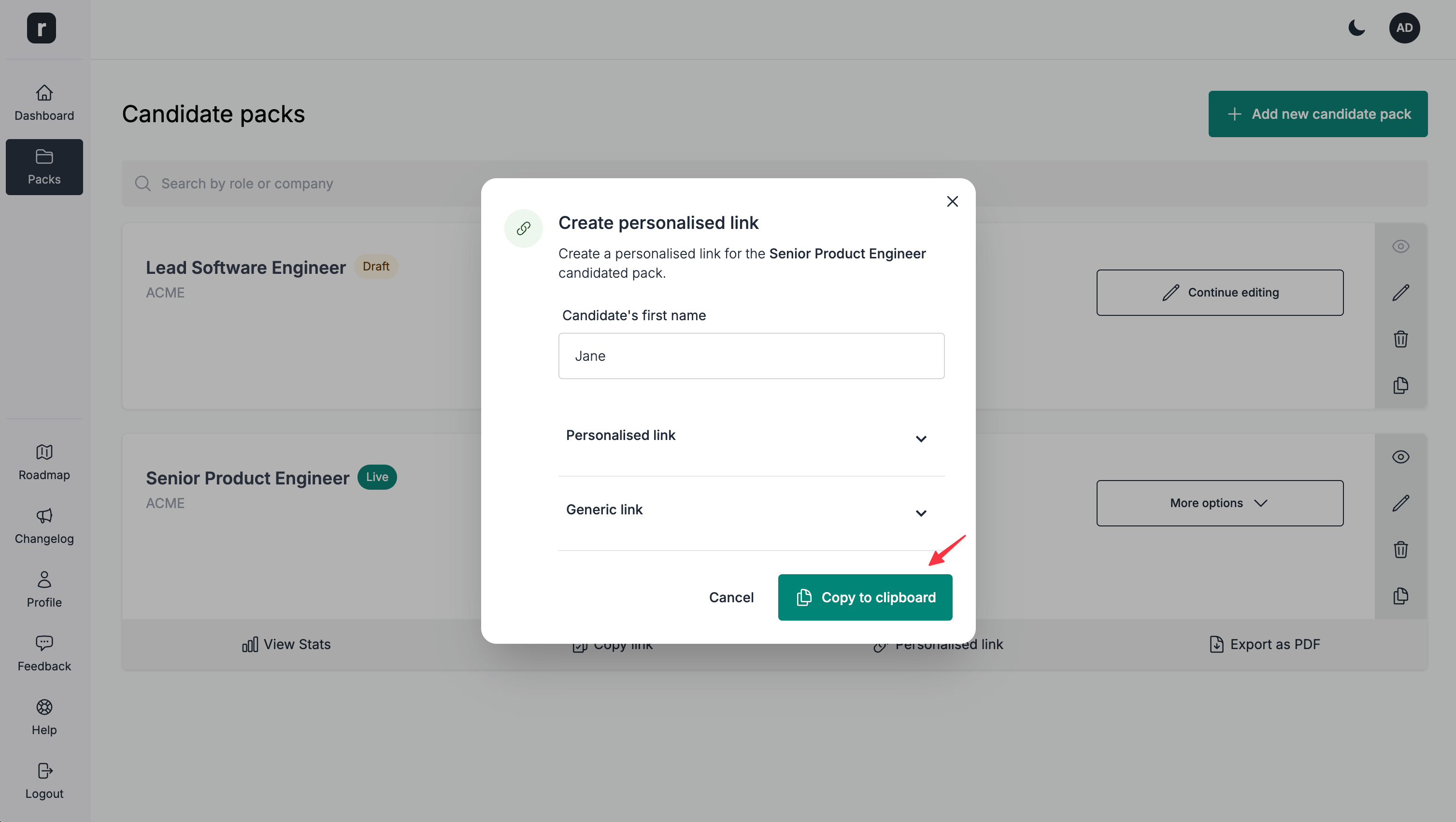 Copy personalised link to clipboard