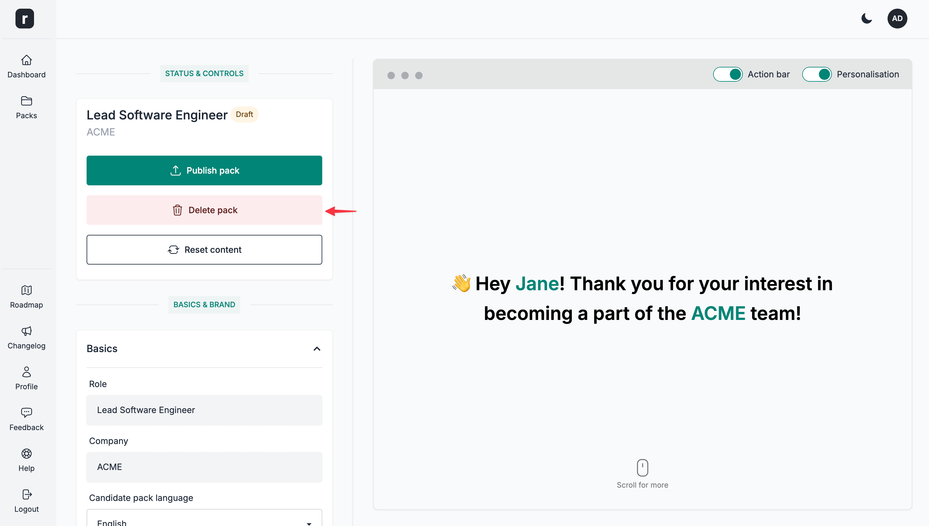 Click the delete pack option