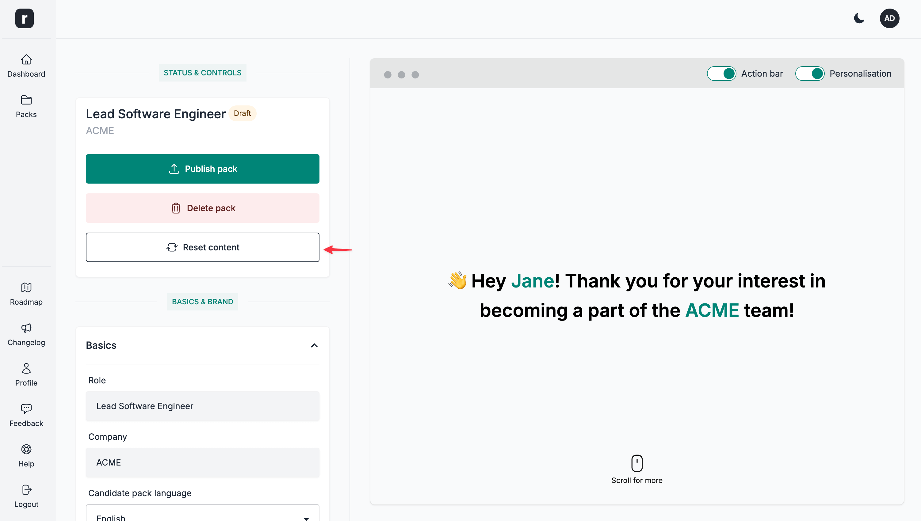 Click the reset content button