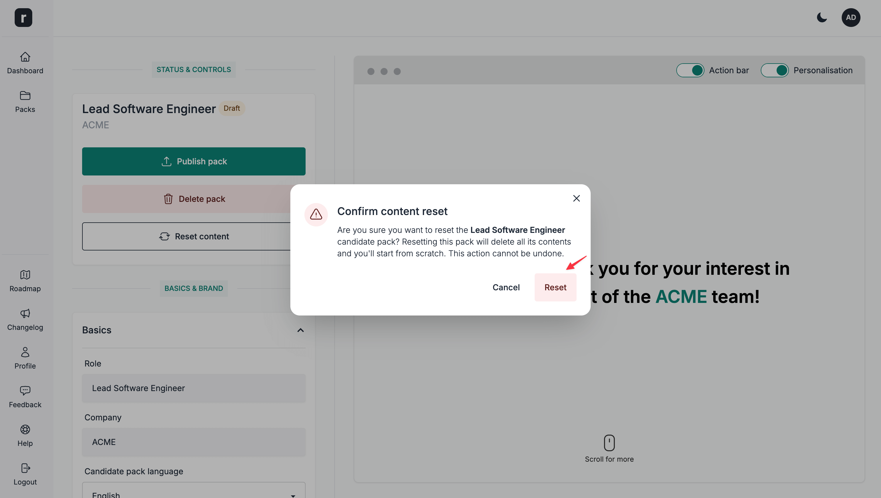 Click the reset button on the confirmation modal
